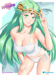 Rule 34 | 1girl, breasts, cleavage, etchimune, green eyes, green hair, jewelry, kid icarus, kid icarus uprising, large breasts, long hair, looking at viewer, necklace, nintendo, palutena, smile, solo, super smash bros., swimsuit, thighs, tiara, v, very long hair