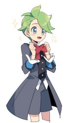 Rule 34 | 1boy, :d, blue eyes, blush stickers, bow, bowtie, buttons, coat, commentary request, creatures (company), game freak, green hair, grey coat, grey shorts, hands up, male focus, momoji (lobolobo2010), nintendo, official alternate costume, open mouth, pokemon, pokemon masters ex, red bow, red bowtie, short hair, shorts, simple background, smile, solo, sparkle, tongue, wally (pokemon), wally (sygna suit) (pokemon), white background