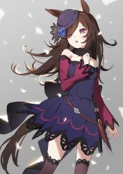 Rule 34 | 1girl, absurdres, animal ears, bare shoulders, blue flower, blue rose, breasts, brown hair, brown thighhighs, confetti, dagger, dress, flower, fur choker, hand up, hat, highres, horse ears, horse girl, horse tail, io (sinking=carousel), knife, long hair, long sleeves, looking afar, off-shoulder dress, off shoulder, open mouth, purple dress, purple eyes, purple hat, rice shower (umamusume), rose, sheath, small breasts, solo, tail, thighhighs, umamusume, unworn hat, unworn headwear, weapon