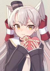 Rule 34 | 1girl, amatsukaze (kancolle), amatsukaze kai ni (kancolle), black dress, blush, box, closed mouth, dress, gift, gift box, grey hair, hair between eyes, heart-shaped box, highres, holding, holding gift, kantai collection, long hair, looking at viewer, sailor collar, sailor dress, silica (silica silylate), smile, solo, two side up, upper body, valentine, white sailor collar, yellow eyes