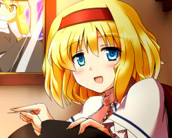 Rule 34 | 1girl, alice margatroid, blonde hair, blue eyes, capelet, female focus, grin, hairband, hat, kamelie, kirisame marisa, long hair, needle, open mouth, photo (object), ribbon, sewing needle, short hair, smile, solo, touhou, upper body, yellow eyes