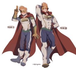 Rule 34 | 2boys, addy (@vegeebs), age progression, arm behind head, blonde hair, blue eyes, blue pants, blush, bodysuit, boku no hero academia, boots, contrapposto, covered abs, covered navel, full body, highres, knee boots, male focus, multiple boys, muscular, muscular male, pants, pectorals, salute, short hair, smile, spiked hair, thighs, tight clothes, tight pants, togata mirio, toned, toned male, two-finger salute, white bodysuit