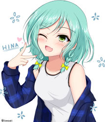 Rule 34 | 1girl, ;d, aqua hair, bang dream!, bare shoulders, blue jacket, blush, bow, braid, breasts, character name, collarbone, commentary request, fang, floral background, green eyes, hair bow, hand up, heart, hikawa hina, jacket, long hair, long sleeves, looking at viewer, medium breasts, nail polish, off shoulder, one eye closed, open clothes, open jacket, open mouth, pink nails, plaid, plaid jacket, shirt, simple background, sleeveless, sleeveless shirt, smile, solo, sonosakiburi, twin braids, v, white background, white shirt, yellow bow