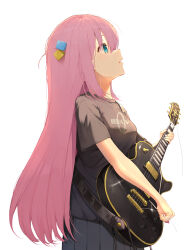 Rule 34 | 1girl, absurdres, black shirt, blue eyes, blush, bocchi the rock!, commentary request, cube hair ornament, electric guitar, eyelashes, gibson les paul, glint, gotoh hitori, grey skirt, guitar, hair between eyes, hair ornament, highres, holding, holding instrument, holding plectrum, instrument, long hair, music, one side up, open mouth, piisu, pink hair, playing instrument, pleated skirt, plectrum, shirt, short sleeves, sidelocks, simple background, skirt, solo, standing, sweatdrop, t-shirt, very long hair, white background