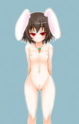 Rule 34 | 1girl, animal ears, black hair, blush, female focus, flat chest, inaba tewi, jewelry, necklace, nipples, nude, pendant, pussy, rabbit ears, red eyes, short hair, simple background, smile, solo, touhou, uncensored