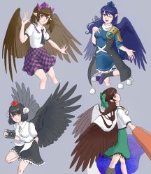 Rule 34 | 4girls, armor, asymmetrical footwear, asymmetrical legwear, belt, bird wings, black belt, black coat, black hair, black necktie, black ribbon, black skirt, black socks, black wings, blouse, blue cape, blue dress, blue hair, blue wings, bow, breasts, brown hair, brown wings, camera, cape, channel ikihaji, checkered clothes, checkered skirt, closed mouth, coat, collared shirt, commentary request, cowboy shot, cropped legs, dress, feathered wings, frilled dress, frilled shirt collar, frilled skirt, frilled sleeves, frills, gem, geta, green bow, green skirt, hair bow, hand on own chest, hat, highres, himekaidou hatate, holding, holding camera, iizunamaru megumu, kneehighs, leg up, long coat, long hair, medium breasts, medium skirt, mismatched footwear, multiple girls, necktie, one eye closed, open mouth, outstretched arm, outstretched hand, pauldrons, pointy ears, pom pom (clothes), ponytail, puffy short sleeves, puffy sleeves, purple eyes, purple footwear, purple headwear, purple skirt, red eyes, red headwear, reiuji utsuho, ribbon, ribbon-trimmed skirt, ribbon trim, shameimaru aya, shirt, short hair, short sleeves, shoulder armor, shoulder guard, single pauldron, skirt, sleeveless, sleeveless coat, smile, socks, tengu, tengu-geta, third eye, tokin hat, touhou, twintails, two-sided fabric, two-tone cape, v, white cape, white shirt, wings, ||/