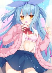 Rule 34 | 1girl, blue hair, blue ribbon, blue skirt, blue sky, bow, bra, breasts, brown eyes, cleavage, cloud, collared shirt, commentary request, curtain grab, curtains, day, dress shirt, flower, flower over mouth, hair between eyes, hair ribbon, jacket, long hair, long sleeves, looking at viewer, maki soutoki, navel, open clothes, open jacket, open shirt, original, pink bra, pink flower, pink jacket, red bow, ribbon, shirt, skirt, sky, sleeves past wrists, small breasts, solo, standing, transparent, two side up, underwear, very long hair, white shirt