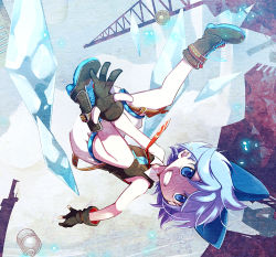 Rule 34 | 1girl, alternate costume, blue eyes, blue hair, bow, cirno, clenched teeth, full body, grin, hair bow, ice, ice wings, inuinui, matching hair/eyes, sleeveless, smile, solo, teeth, touhou, upside-down, wings