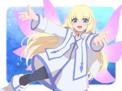 Rule 34 | 1girl, black pantyhose, blonde hair, blue eyes, boots, colette brunel, dress, hair between eyes, hekerotto128, jewelry, long hair, long sleeves, looking at viewer, neck ring, open mouth, outstretched arms, pantyhose, pink wings, solo, tales of (series), tales of symphonia, very long hair, white dress, white footwear, wings