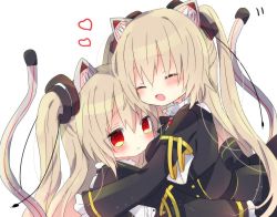 Rule 34 | 2girls, animal ear fluff, animal ears, black dress, blush, cat ears, closed mouth, dress, dual persona, hair between eyes, hug, long hair, long sleeves, multiple girls, nayu (rhododendron), nora cat, nora cat channel, open mouth, red eyes, silver hair, simple background, smile, tail, tearing up, upper body, very long hair, virtual youtuber, white background