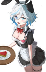 1girl absurdres alternate_costume animal_ears apron between_legs black_dress blue_eyes blue_hair blue_pupils blush bow bowtie breasts cleavage commentary_request dress enmaided fake_animal_ears frilled_apron frilled_dress frilled_hairband frills furina_(genshin_impact) genshin_impact hair_between_eyes hairband hand_between_legs heterochromia highres holding holding_tray layered_dress light_blue_hair looking_at_viewer maid maid_headdress medium_breasts multicolored_hair open_mouth rabbit_ears red_bow red_bowtie shiraiyu solo streaked_hair thigh_strap tray waist_apron white_apron white_dress white_hair white_hairband