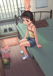 Rule 34 | 1girl, bare arms, bare shoulders, bedroom, black hair, book, child, collarbone, curtains, denim, denim skirt, feet, female focus, flat chest, full body, k9, looking at viewer, no shoes, original, parted lips, sitting, skirt, socks, solo, trash, trash can, white socks