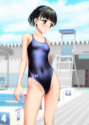 Rule 34 | 1girl, absurdres, black hair, blue one-piece swimsuit, blue sky, brown eyes, cameltoe, cleft of venus, clothes writing, cloud, commentary request, competition swimsuit, contrapposto, cowboy shot, day, facial hair, half updo, highres, lifeguard chair, looking to the side, one-piece swimsuit, original, outdoors, pubic hair, pubic stubble, short hair, sky, solo, standing, stubble, swimsuit, takafumi