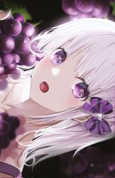 Rule 34 | 1girl, bow, camisole, collarbone, dark background, dutch angle, eye focus, food, fruit, grapes, hair bow, highres, isobe47, light particles, looking to the side, medium hair, open mouth, original, portrait, purple bow, purple camisole, purple eyes, rotated, sideways, teeth, white hair