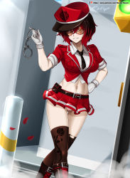 Rule 34 | 1girl, absurdres, black hair, breasts, brown eyes, cuffs, glasses, gloves, gradient hair, hand on own hip, handcuffs, hat, highres, holding, holding handcuffs, large breasts, looking at viewer, midriff, miniskirt, multicolored hair, navel, panties, police, police hat, police uniform, red hair, ruby rose, rwby, short hair, skirt, sleeves rolled up, smile, solo, standing, stomach, thighhighs, traffic light, underwear, uniform, vilde loh hocen