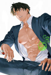 Rule 34 | 1boy, abs, bara, bare pectorals, blue pants, blue suit, bulge, cigarette, collarbone, collared shirt, formal, funpjinju, green hair, holding, holding cigarette, jacket, large pectorals, looking to the side, male focus, mature male, muscular, muscular male, navel, nipples, open clothes, open jacket, open shirt, original, pants, pectorals, shirt, short hair, sideburns, solo, spread legs, stomach, suit, white shirt