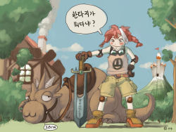 Rule 34 | 00s, 1girl, 2004, :3, alien1452, ankle boots, belt, boots, castle, chimney, cloud, dragon, freckles, goggles, goggles around neck, hand on own hip, happy, house, knee pads, korean text, looking at viewer, mountain, outdoors, red hair, shorts, sky, smile, smoke, sword, tank top, translated, tree, weapon