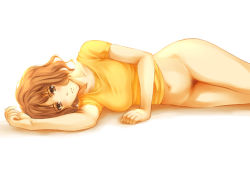 Rule 34 | 1girl, bottomless, brown eyes, brown hair, female focus, female pubic hair, frown, lying, navel, on side, original, pubic hair, short hair, solo, suda (yuunagi enikki)