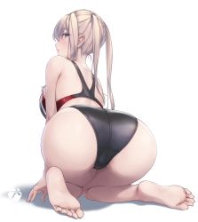 Rule 34 | 1girl, ass, ass focus, back, bare arms, bare legs, bare shoulders, barefoot, blonde hair, blush, breasts, commentary request, competition swimsuit, from behind, graf zeppelin (kancolle), grey eyes, highleg, highleg swimsuit, highres, kantai collection, kneeling, large breasts, looking at viewer, looking back, multicolored clothes, multicolored swimsuit, one-piece swimsuit, open mouth, rokuwata tomoe, simple background, soles, solo, swimsuit, toes, twintails, two-tone swimsuit, white background