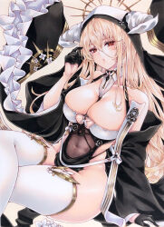 Rule 34 | 1girl, :o, azur lane, bare shoulders, between breasts, black gloves, blonde hair, breast cutout, breasts, cleavage, covered navel, crossed legs, fake horns, framed breasts, gloves, habit, hair between eyes, half gloves, halo, highres, horns, implacable (azur lane), large breasts, long bangs, long hair, long sleeves, looking at viewer, marker (medium), mechanical halo, mktr (princess mktr), no panties, nun, pelvic curtain, red eyes, revealing clothes, see-through, simple background, sitting, skindentation, solo, strap between breasts, thighhighs, traditional media, two-tone dress, veil, very long hair, white horns, white thighhighs, wide sleeves
