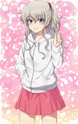 Rule 34 | 1girl, :d, absurdres, blue eyes, blush, casual, charlotte (anime), commentary request, commission, cowboy shot, eyelashes, eyes visible through hair, grey hair, grin, hair between eyes, hand in pocket, hand up, highres, hood, hood down, hoodie, index finger raised, kanmiya shinobu, long hair, looking at viewer, miniskirt, open mouth, pink background, pleated skirt, red skirt, sidelocks, simple background, skeb commission, skirt, sleeves past wrists, smile, solo, standing, tomori nao, two side up, white hoodie