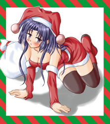 Rule 34 | 00s, all fours, blue hair, clannad, hair bobbles, hair ornament, hiiragi tomoka, ichinose kotomi, long hair, purple eyes, santa costume, solo, thighhighs, twintails, two side up