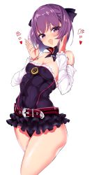 Rule 34 | 1girl, :d, absurdres, bare shoulders, belt, blush, breasts, cleavage, covered erect nipples, covered navel, detached sleeves, dress, fate/grand order, fate (series), frills, hair ribbon, hanasaka houcha, helena blavatsky (fate), highres, looking at viewer, medium breasts, open mouth, panties, purple dress, purple eyes, purple hair, purple panties, ribbon, short hair, simple background, smile, solo, underwear, white background