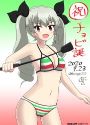 Rule 34 | 1girl, :d, anchovy (girls und panzer), artist logo, bikini, birthday, black ribbon, breasts, brown eyes, character name, cowboy shot, dated, drill hair, girls und panzer, girls und panzer senshadou daisakusen!, gradient background, green background, green bikini, green hair, hair ribbon, highres, holding, horagai (horagai222), italian flag bikini, long hair, looking at viewer, medium breasts, multicolored stripes, navel, official alternate costume, open mouth, print bikini, red background, red bikini, ribbon, riding crop, smile, solo, standing, striped bikini, striped clothes, swimsuit, translated, twin drills, twintails, twitter username, white background