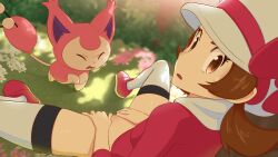 Rule 34 | 1girl, absurdres, bottomless, bow, brown eyes, brown hair, bush, cabbie hat, commentary, creatures (company), disgust, english commentary, flower, forest, from side, game freak, gen 3 pokemon, grass, greatm8, hat, hat bow, hat ribbon, highres, imminent bestiality, looking at viewer, looking down, lyra (pokemon), nature, nintendo, outdoors, photoshop (medium), pokemon, pokemon (creature), pokemon hgss, pokephilia, red bow, red footwear, ribbon, sitting, skindentation, skitty, source filmmaker (medium), spread legs, sweatdrop, thighhighs, twintails, white headwear, white thighhighs