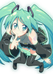 Rule 34 | 1girl, detached sleeves, female focus, finger to mouth, full body, gradient background, green eyes, green hair, hatsune miku, headset, highres, long hair, matching hair/eyes, nagamori, necktie, shushing, simple background, skirt, solo, thighhighs, twintails, very long hair, vocaloid, white background