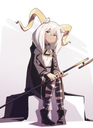 Rule 34 | 1girl, absurdres, animal ears, ankle boots, arknights, beeswax (arknights), beudelb, black coat, black footwear, blush, boots, coat, collar, dark-skinned female, dark skin, dress, full body, goat ears, goat girl, goat horns, grey hair, highres, holding, holding staff, horns, leg ribbon, long hair, long sleeves, looking at viewer, open clothes, open coat, parted lips, ribbon, sitting, solo, staff, white dress, wide sleeves, yellow eyes