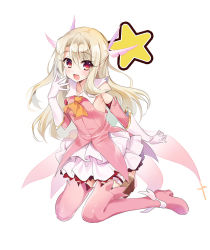 Rule 34 | 1girl, :d, blonde hair, blush, boots, commentary request, detached sleeves, fate/kaleid liner prisma illya, fate (series), full body, gloves, hair between eyes, illyasviel von einzbern, layered skirt, long hair, long sleeves, magical girl, open mouth, pink footwear, pink shirt, pink thighhighs, pleated skirt, prisma illya, red eyes, shirt, simple background, skirt, sleeveless, sleeveless shirt, smile, solo, star (symbol), thigh boots, thighhighs, very long hair, white background, white gloves, white skirt, youta