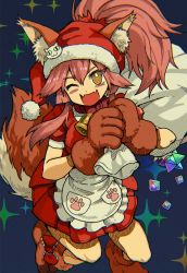 Rule 34 | 1girl, :3, animal ear fluff, animal ears, animal feet, animal hands, apron, bell, blue background, blush, bow, breasts, cat hair ornament, cat paws, christmas, collar, commentary, dress, english commentary, eyelashes, fang, fate/grand order, fate (series), fox ears, fox girl, fox tail, frills, fur-trimmed headwear, fur trim, hair between eyes, hair ornament, hair through headwear, hat, highres, holding, holding sack, jingle bell, kusama takato, long hair, looking at viewer, maid apron, medium breasts, mixed-language commentary, neck bell, one eye closed, open mouth, paw print, pink hair, ponytail, puffy sleeves, red bow, red dress, sack, saint quartz (fate), santa costume, santa hat, short sleeves, sidelocks, skin fang, smile, solo, sparkle, tail, tamamo (fate), tamamo cat (fate), tongue, yellow eyes