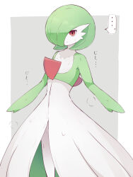 Rule 34 | ..., 1girl, bob cut, border, closed mouth, collarbone, colored skin, commentary request, creatures (company), expressionless, game freak, gardevoir, gen 3 pokemon, green hair, green skin, grey background, hair over one eye, highres, looking at viewer, multicolored skin, nintendo, partial commentary, pokemon, pokemon (creature), red eyes, short hair, simple background, solo, sound effects, spoken ellipsis, standing, sweat, two-tone skin, white border, white skin, yonaga san
