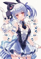 Rule 34 | 1girl, absurdres, animal ears, blue hair, carrot, dress, frilled dress, frills, highres, holding, holding mask, hololive, looking at viewer, mask, miyakoto, multicolored hair, necktie, official alternate costume, orange eyes, pekomon (usada pekora), rabbit ears, rabbit girl, short eyebrows, simple background, smile, solo, thick eyebrows, twintails, two-tone hair, usada pekora, usada pekora (furi furi bunny dress), virtual youtuber, white background, white hair, wrist cuffs