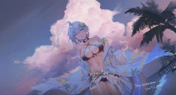 Rule 34 | 1girl, absurdres, ahoge, bikini, black bikini, black choker, blue eyes, blue flower, blue hair, breasts, choker, cloud, commentary, cowboy shot, dated, dutch angle, earrings, english commentary, flower, gluteal fold, hair between eyes, hair flower, hair ornament, highres, jewelry, koi han, large breasts, looking at viewer, navel, off shoulder, open clothes, open shirt, original, outdoors, palm tree, parted lips, sarong, short hair, solo, standing, stomach, swimsuit, thigh gap, tree