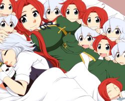 Rule 34 | 6+girls, age difference, ahoge, blue eyes, blush, breast rest, breasts, child, closed eyes, doll, drooling, female focus, grin, hand on another&#039;s head, hat, unworn hat, unworn headwear, hong meiling, hong meiling (panda), hugging doll, hugging object, if they mated, izayoi sakuya, large breasts, long hair, lying, mother and daughter, multiple girls, neko majin, on back, on side, open mouth, panda, red eyes, silver hair, sleeping, smile, stuffed toy, touhou, yuri