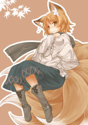 Rule 34 | 1girl, animal ears, blonde hair, blush, boots, brown background, brown hair, capelet, fox ears, fox tail, full body, highres, long sleeves, multiple tails, scarf, short hair, simple background, skirt, solo, tail, tamahana, touhou, yakumo ran, yellow eyes