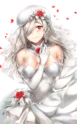 Rule 34 | 1girl, absurdres, bad id, bad pixiv id, bare shoulders, beret, blush, braid, breasts, bridal veil, bride, cheosnuni, cleavage, closed mouth, detached collar, dress, elbow gloves, g36c (girls&#039; frontline), g36c (you who steps up) (girls&#039; frontline), girls&#039; frontline, gloves, hair over one eye, hat, highres, large breasts, long hair, looking at viewer, official alternate costume, red eyes, side braid, silver hair, skirt hold, smile, solo, tearing up, veil, very long hair, wedding dress, white dress