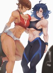 Rule 34 | 2girls, abs, absurdres, ahoge, alterlesott, bandaged arm, bandages, bare arms, black leggings, black shirt, black tank top, blue hair, blush, borrowed character, breast press, breasts, brown eyes, brown hair, cleavage, commission, covered erect nipples, crop top, curvy, dark-skinned female, dark skin, dolphin shorts, eyelashes, gym clothes, gym shirt, highres, jewelry, large breasts, leggings, linea alba, long hair, looking at viewer, looking to the side, micro shorts, midriff, multiple girls, muscular, muscular female, navel, necklace, original, pants, parted lips, pearl necklace, red eyes, red shirt, red tank top, shirt, shoes, short hair, shorts, simple background, sleeveless, smile, smirk, sneakers, standing, standing on one leg, sweatpants, swept bangs, symmetrical docking, tank top, thick thighs, thighs, tight clothes, tight shirt, underboob, white background, white shorts, wristband