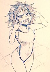 Rule 34 | 1girl, alternate costume, bare legs, breasts, commentary request, competition swimsuit, covered navel, cowboy shot, d-m (dii emu), eyelashes, greyscale, horns, kijin seija, looking at viewer, monochrome, one-piece swimsuit, open mouth, short hair, swimsuit, tongue, tongue out, touhou, traditional media