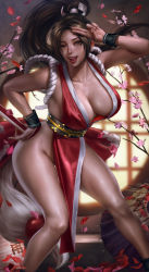 Rule 34 | 1girl, absurdres, arm guards, bare shoulders, breasts, brown eyes, brown hair, cherry blossoms, chinese clothes, cleavage, fatal fury, highres, lantern, large breasts, lips, logan cure, ninja, no bra, no panties, pelvic curtain, petals, pinup (style), ponytail, realistic, shiranui mai, solo, sweat, the king of fighters, thick thighs, thighs, umbrella, wide hips