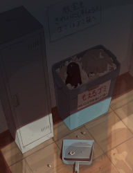 Rule 34 | 1boy, 2others, absurdres, avogado6, black pants, brown hair, bullying, commentary request, crying, from above, highres, in container, locker, multiple others, original, out of frame, pants, shadow, solo, tears, translation request, trash, trash can