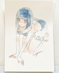 Rule 34 | 1girl, all fours, artist name, ass, bare arms, bare legs, barefoot, bikini, blue bikini, blue hair, blush, bob cut, breasts, cleavage, closed mouth, full body, highres, legs, looking at viewer, medium breasts, non-web source, original, painting (medium), photo (medium), red eyes, short hair, signature, simple background, smile, solo, srnmomo, swimsuit, thighlet, thighs, traditional media, watercolor (medium), white background