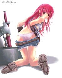 Rule 34 | 1girl, ass, axe, belt, blacksmith, blacksmith (ragnarok online), boots, breasts, brown eyes, cait aron, clothes pull, crop top, denim, denim shorts, fingerless gloves, from behind, front-tie top, full body, gloves, kneeling, long hair, looking back, medium breasts, panties, pulling own clothes, ragnarok online, red hair, sheath, sheathed, shoes, shorts, shorts pull, simple background, solo, sword, thigh gap, underboob, underwear, undressing, weapon