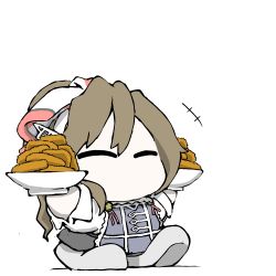 Rule 34 | 1girl, ^ ^, apron, ashigara (kancolle), black skirt, bowl, brown hair, chibi, closed eyes, commentary request, fish (food), food, fried fish, grey footwear, holding, kantai collection, long hair, no mouth, purple apron, shirt, shoes, simple background, skirt, solo, task (s task80), wavy hair, white background, white shirt