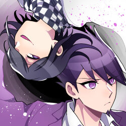 Rule 34 | 2boys, black hair, blood, blood splatter, checkered clothes, checkered scarf, closed mouth, collared shirt, danganronpa (series), danganronpa v3: killing harmony, facial hair, goatee, hair between eyes, hamadaichi, highres, jacket, looking ahead, looking at another, male focus, momota kaito, multiple boys, oma kokichi, pink blood, portrait, purple eyes, purple hair, purple jacket, scarf, shadow, shirt, short hair, smile, spiked hair, upside-down