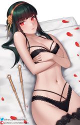 Rule 34 | 1girl, black bra, black hair, black panties, black thighhighs, bra, breasts, cleavage, closed mouth, covered navel, dagger, flower, gold hairband, hair flower, hair ornament, hairband, helloimtea, highres, knife, lace, lace-trimmed bra, lace-trimmed legwear, lace-trimmed panties, lace trim, lips, lying, medium breasts, navel, on back, panties, patreon username, petals, red eyes, rose, rose petals, sidelocks, solo, spikes, spy x family, stomach, thighhighs, twitter username, underwear, underwear only, watermark, weapon, web address, yor briar