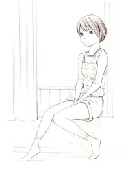 Rule 34 | 1girl, monochrome, original, overalls, sketch, socks, solo, traditional media, yoshitomi akihito