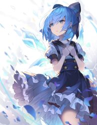 Rule 34 | 1girl, alternate costume, blue bow, blue eyes, blue hair, blue skirt, bow, cirno, commentary, cowboy shot, falken (yutozin), hair between eyes, hair bow, hands on own chest, high-waist skirt, highres, ice, ice wings, own hands together, parted lips, petticoat, puffy short sleeves, puffy sleeves, revision, shirt, short hair, short sleeves, skirt, solo, standing, suspender skirt, suspenders, touhou, white background, wings